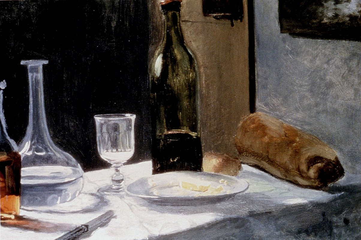 Клод Моне. Натюрморт с бутылкой, графином, хлебом и вином