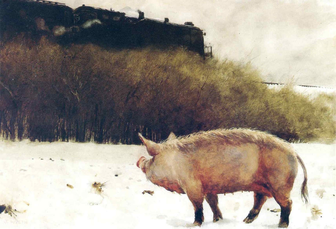Jamie Wyeth. The pig near the railroad