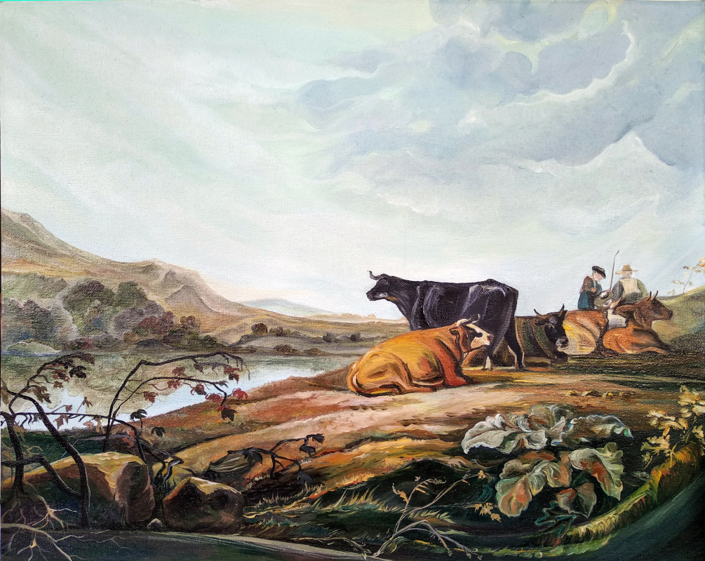 Viola Larkina. Morning landscape with horsemen and shepherds
