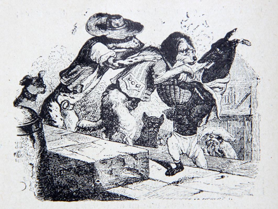 Jean Ignace Isidore Gérard Grandville. A dog carrying a dinner to the owner. Illustrations to the fables of Jean de Lafontaine