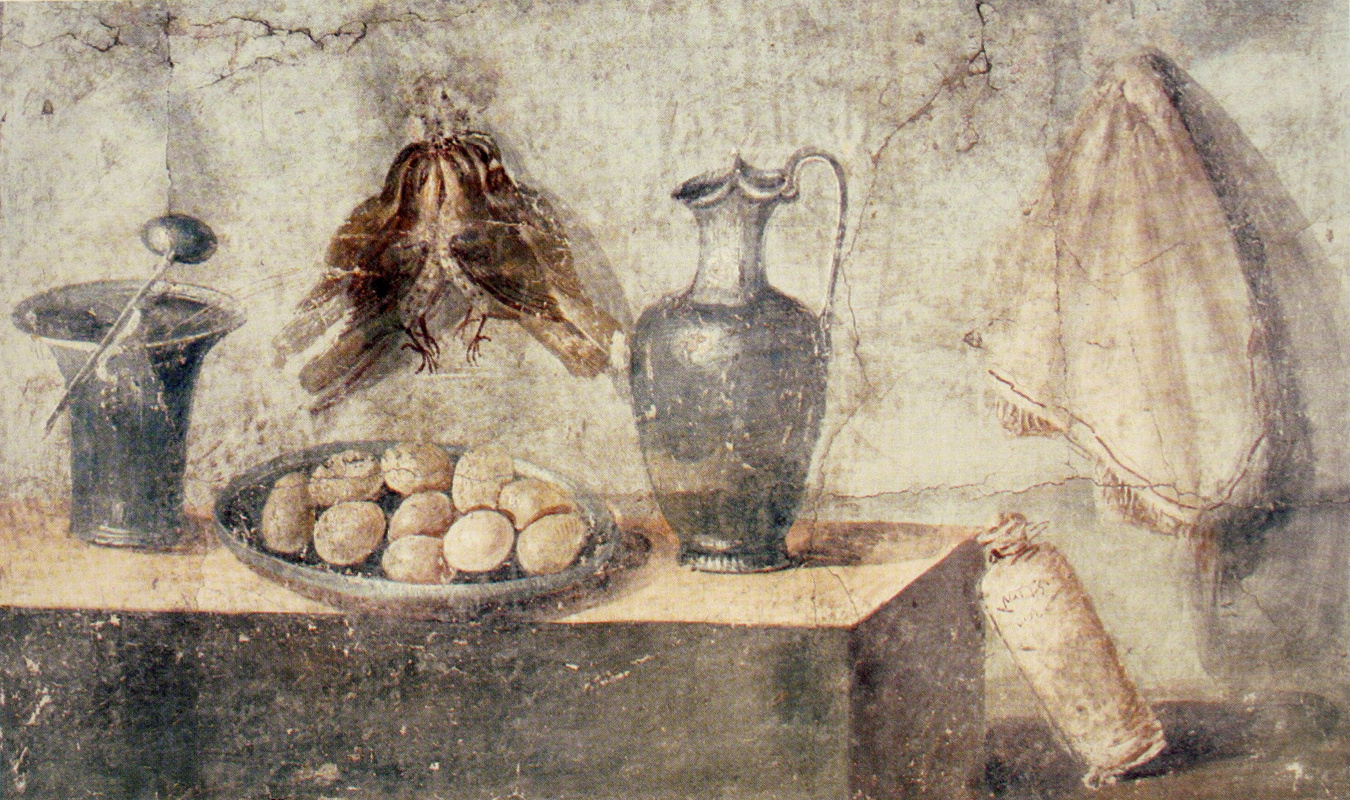 Masterpieces of unknown artists. Nature morte avec des oeufs, des oiseaux et des plats en bronze de la maison de Julia Felix, Pompéi