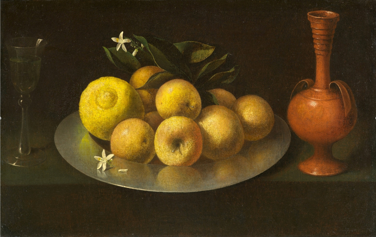 Francisco de Zurbaran. Natura morta con un bicchiere di vino, frutta e brocca