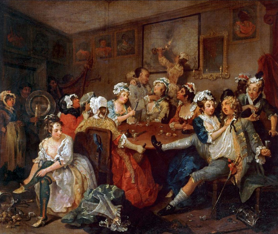 William Hogarth. Mota's career. The scene in the pub