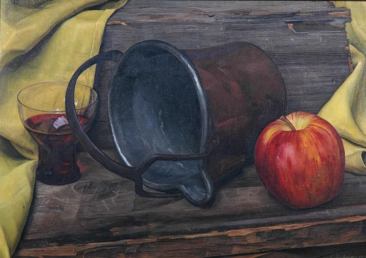 Luigi Lucioni. Apple, copper bucket and a glass of