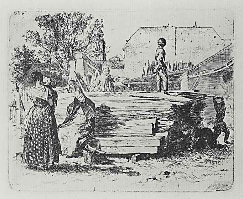 Adolf Friedrich Erdmann von Menzel. A series of "Experiments in etching" [12], the Stack of boards in the yard, the second state