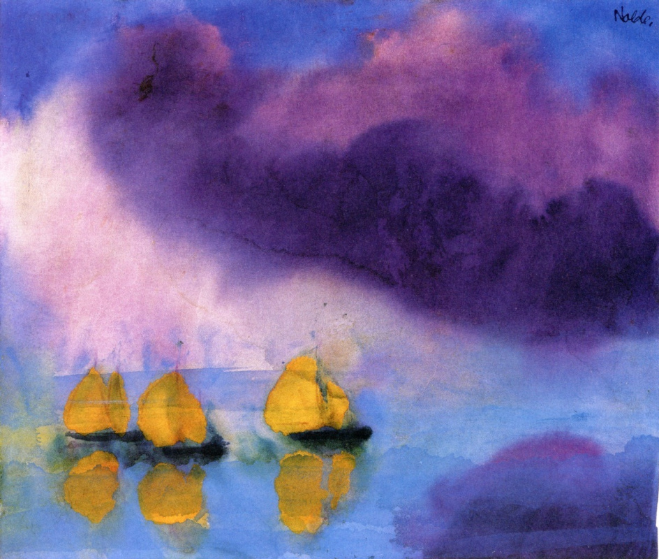Emil Nolde. Landscape with violet clouds and three yellow sailboats
