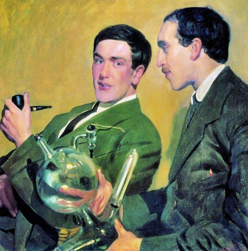 Boris Mikhailovich Kustodiev. Portrait de Peter Kapitsa et Nikolai Semenov