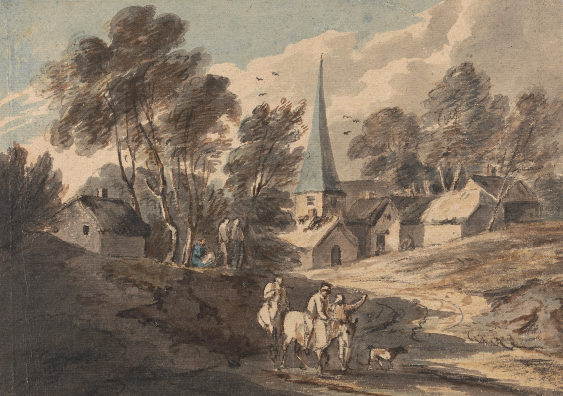 Thomas Gainsborough. Travelling riders on the background of the village