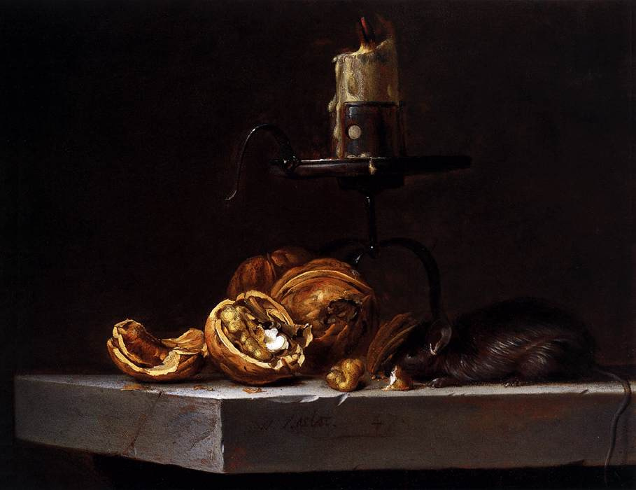 Willem van Aelst. Still life with nuts, candle and mouse