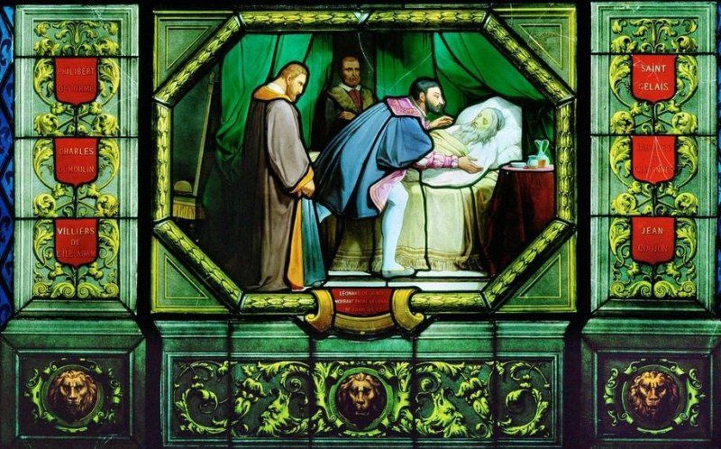 Jean Alo. The death of Leonardo da Vinci (Detail of stained glass "scenes from the life of Francis I.")
