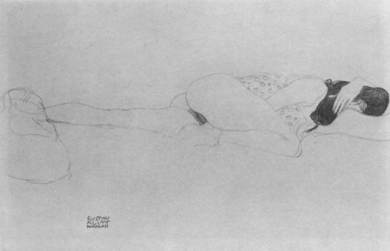 Gustav Klimt. Lying half-naked, with her head on a bent left arm