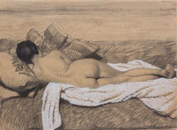 Theophile-Alexander Steinlen. Lying on a pillow naked, the sketch from the back