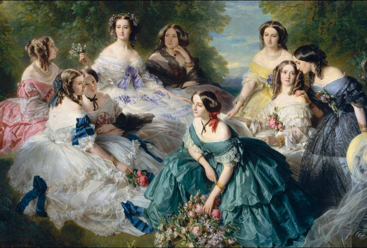 Franz Xaver Winterhalter. The Empress Eugenie with her ladies in waiting ( Empress eugénie de Montijo, the Baroness de Pierre, Princess Essling, viscountess de Lezay-Marnesia, the Marquis de Montebello, the Duchess of Bassano, Baroness Malaret, the Marquis de Las Marris, the Marqu