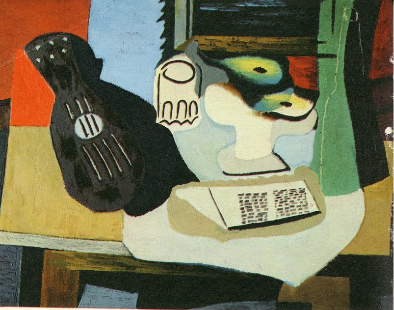 Пабло Пикассо. Гитара, бокал и блюдо с фруктами