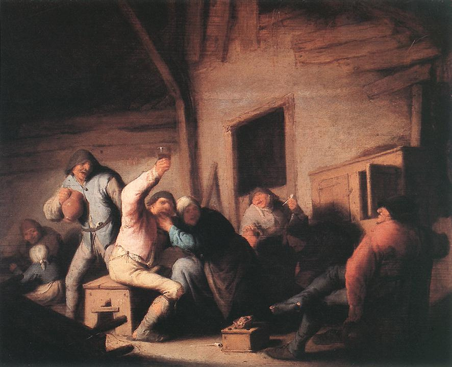 Adrian Jans van Ostade. Carousing peasants in a tavern