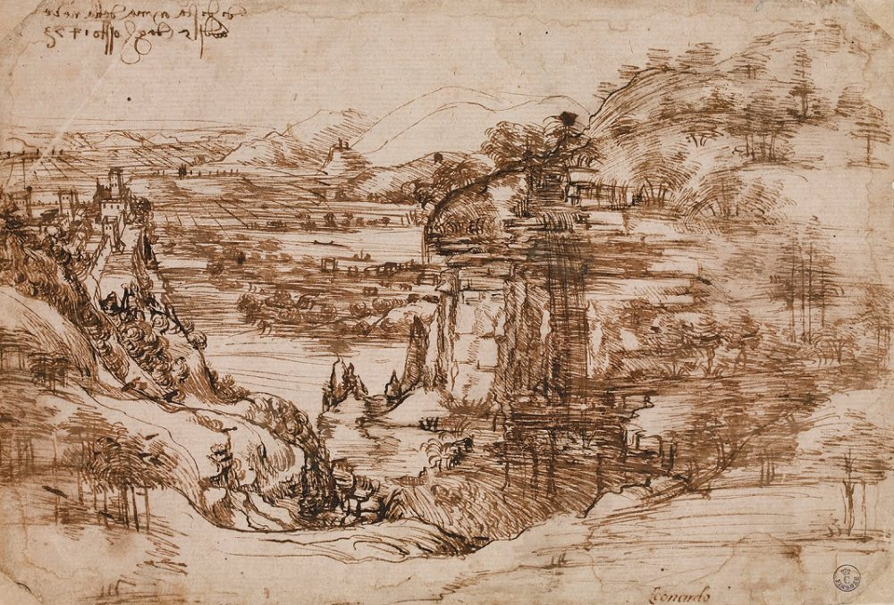 Leonardo da Vinci. Skizze der toskanischen Landschaft