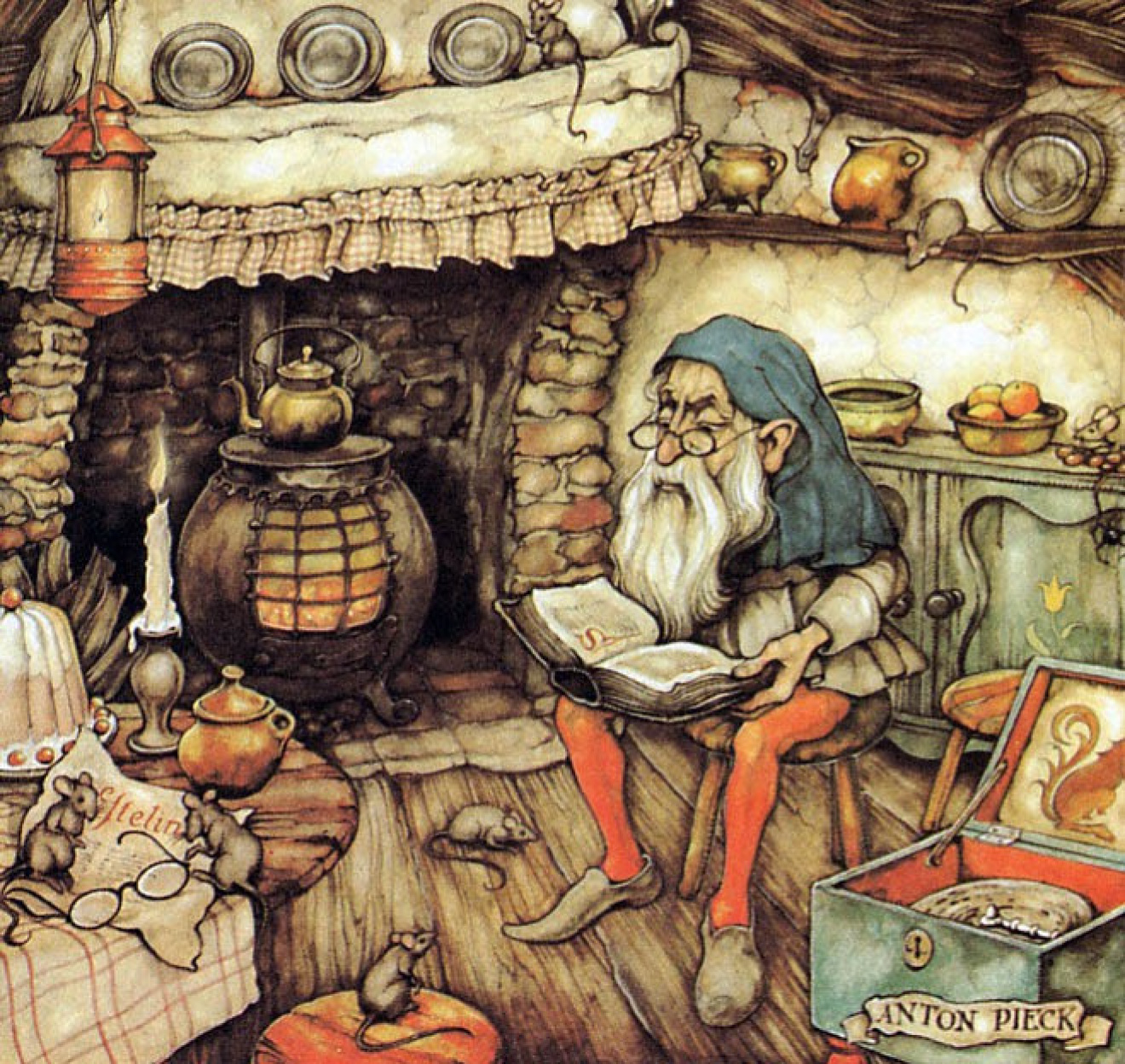 Anton Pieck The dwarf with the book. Illustration for the fairy