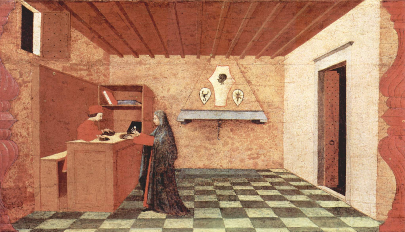 Paolo Uccello. The legend of the communion. The woman exchanges the Jewish merchant of the Eucharist on the dress