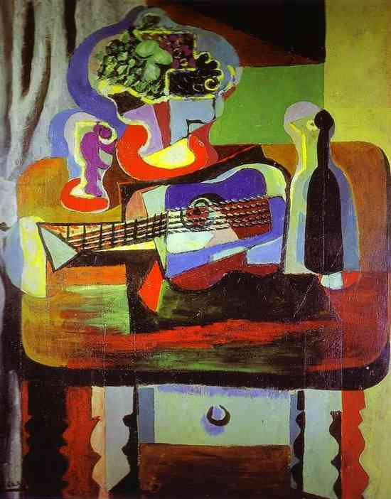 Pablo Picasso. Still life (Glass, bouquet, guitar and bottle)