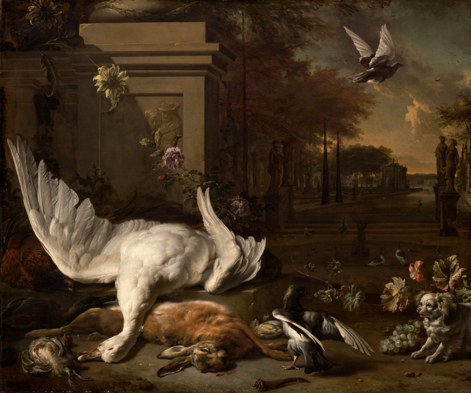 Jan Baptist Venix. Still Life with Swan and Game in front of a Country Estate