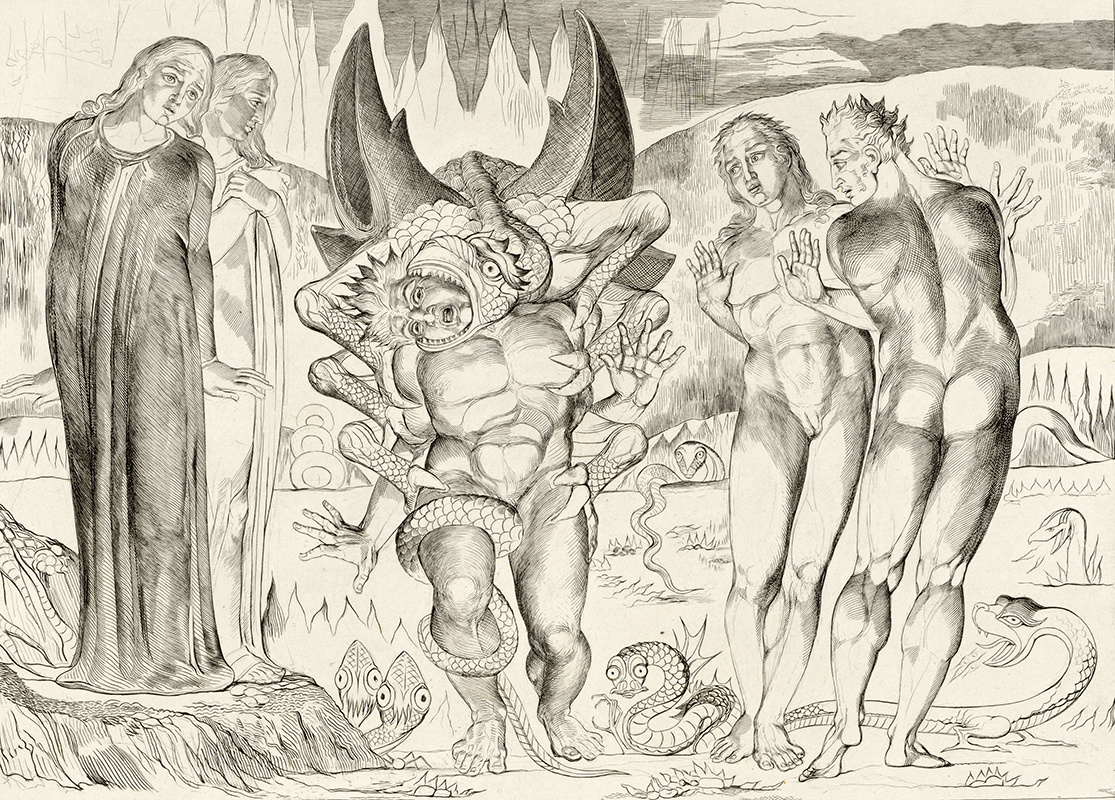 William Blake. A six-foot serpent attacking Agnolo Brunelleschi. Illustration to the divine Comedy of Dante