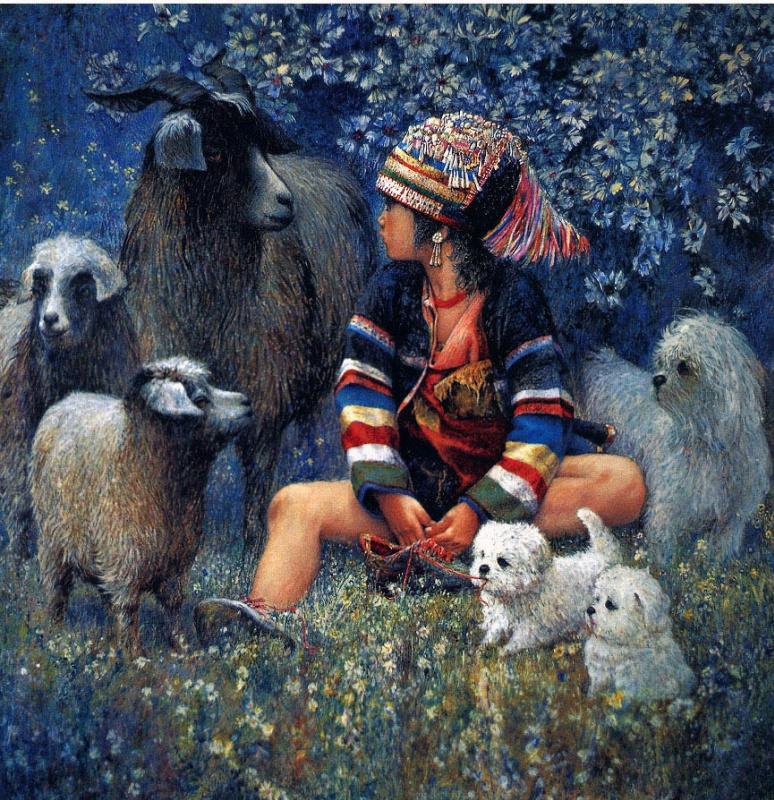 Chong Ping Chen. Girl with goats and dogs