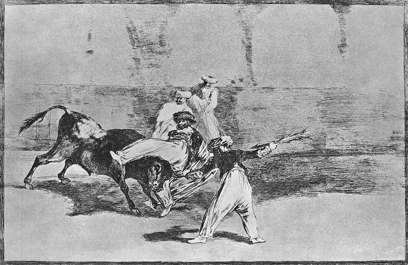 Francisco Goya. A series of "Tauromachia", sheet 06: the Moors tease the bull in the arena burnous