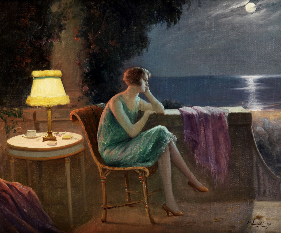 Dolphin Angolra. Jeune femme sur la terrasse au bord de la mer au clair de lune.
