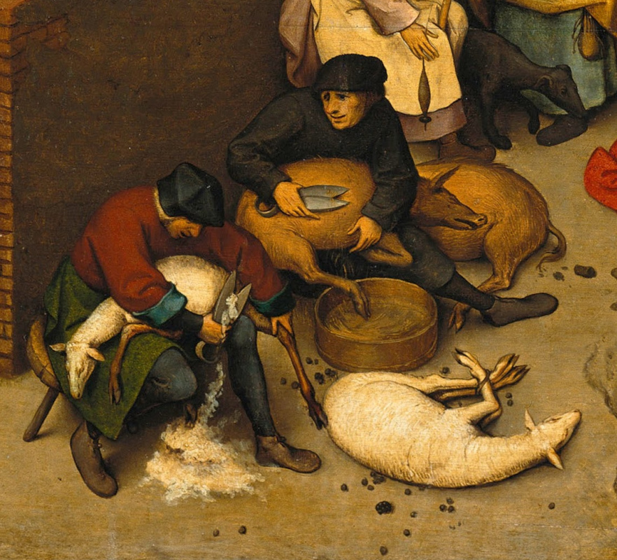 Pieter Bruegel The Elder. Flemish proverbs. Fragment: Someone shears sheep, and someone shears pigs - one has advantages, another has none
