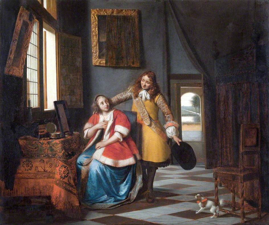 Pieter de Hooch. Attacker. The girl behind the toilet, scared by the sudden appearance of the beloved