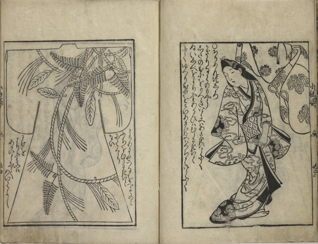 Хисикава Моронобу. Образцы узоров для кимоно. Разворот страниц из книги.