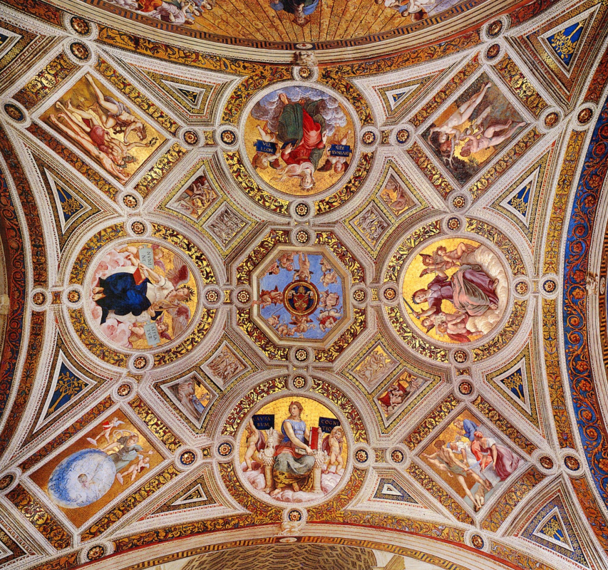 Raphael Sanzio. The stanza della senyatura. Painting the ceiling of the hall of the Palace of the Pope in the Vatican. Allegory