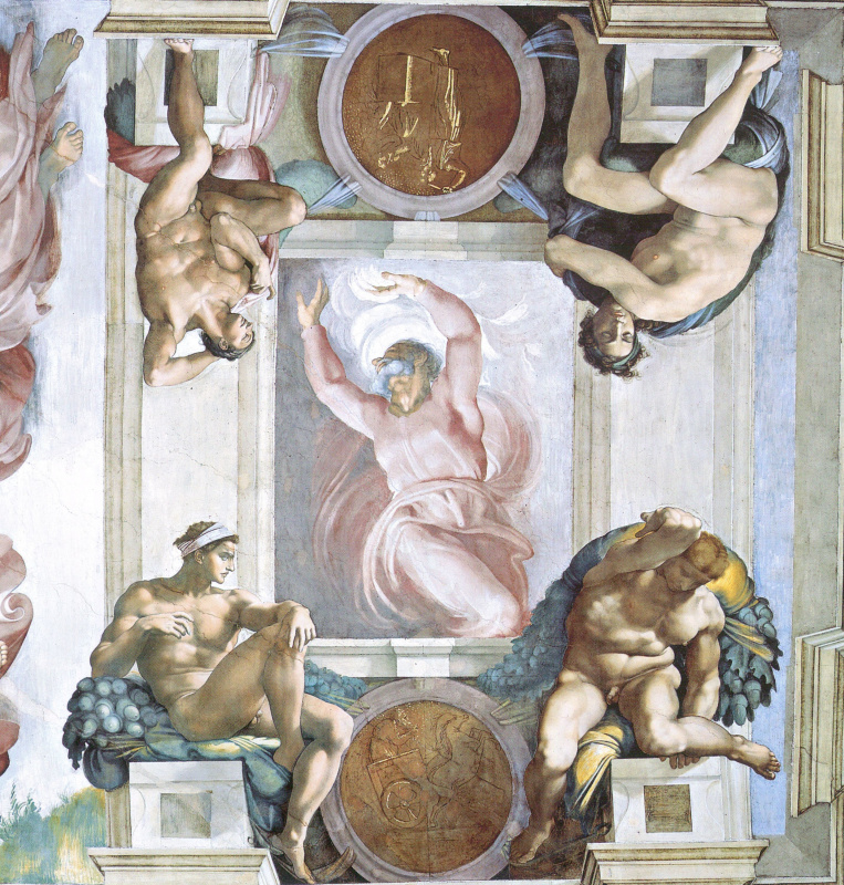 Michelangelo Buonarroti. God is the Creator and four boys. The frescoes of the Sistine chapel