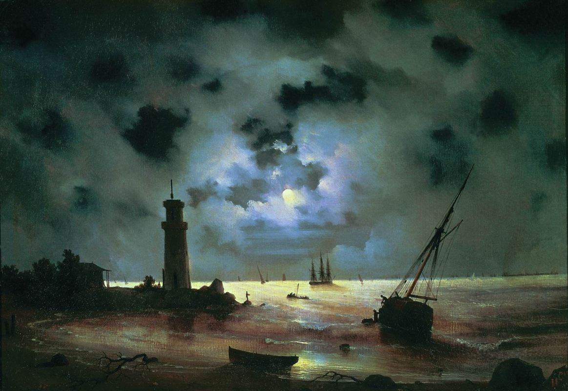 Ivan Aivazovsky. The sea shore at night. At the lighthouse