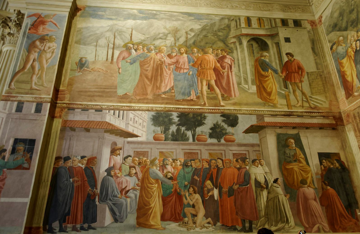 Tommaso Masaccio. The frescoes of the Brancacci Chapel: The Expulsion of Adam and Eve. Miracle with a statir. The resurrection of the son of Theophilus and St. Peter in the pulpit