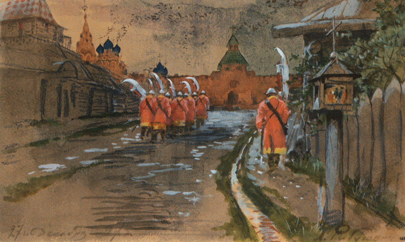 Andrei Petrovich Ryabushkin. Streletsky patrol at the Ilyinsky Gate in old Moscow. 1897