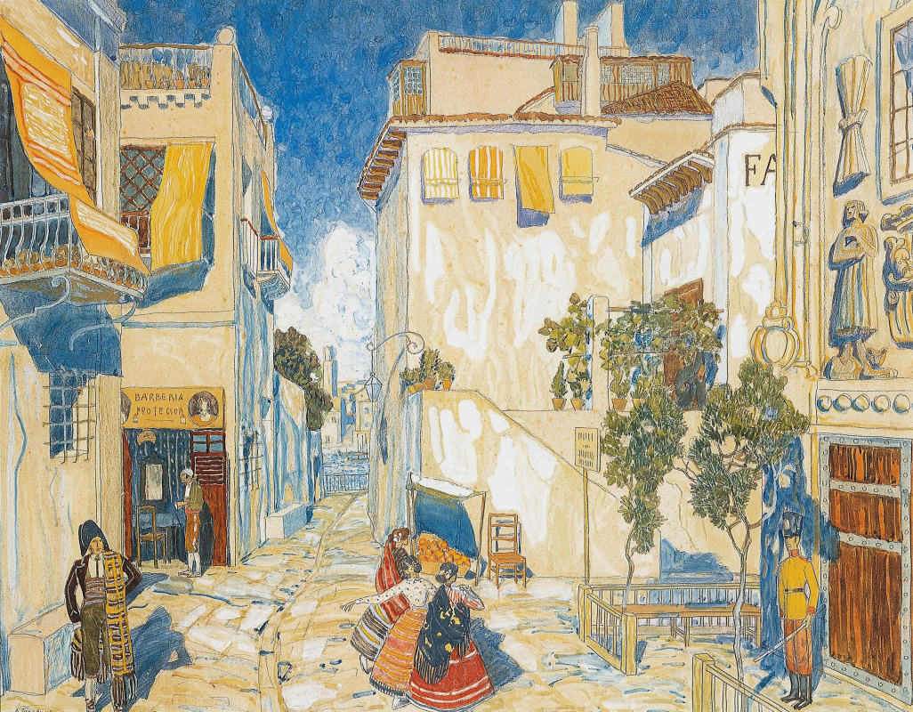 Alexander Yakovlevich Golovin. Calle de sevilla. (En la fábrica). Boceto de escenario para la ópera J. Bizet "Carmen".