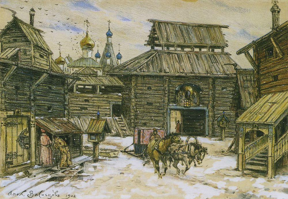 瓦斯涅佐夫（Vasnetsov）. Old Moscow. The walls of the wooden city