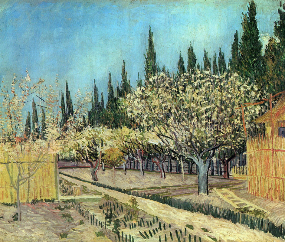 Vincent van Gogh. Orchard in bloom framed by cypress trees