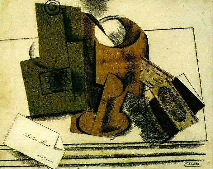 Pablo Picasso. 低音瓶，玻璃，烟草和一张名片