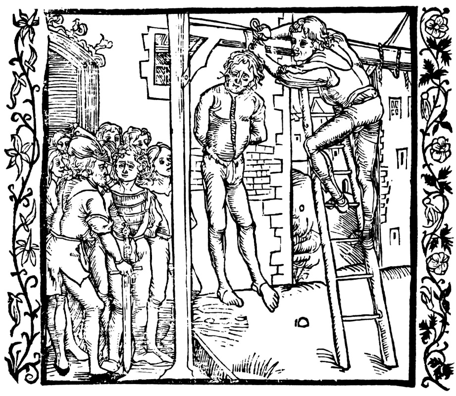 Альбрехт Дюрер. Иллюстрация к книге "Рыцарь де ля Тур ". Амана и его сыновей казнят через повешение