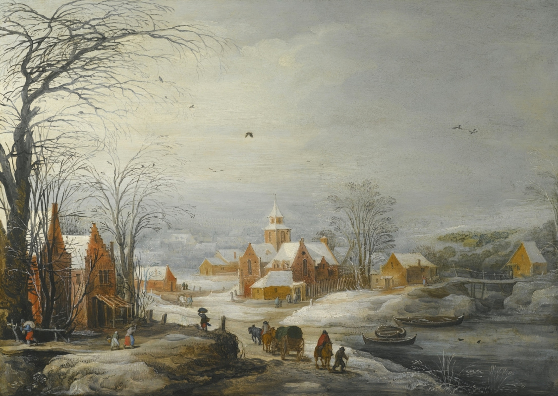 Jan Bruegel The Elder. Paysage d'hiver avec des voyageurs. (joint avec Jos de Momper Jl)