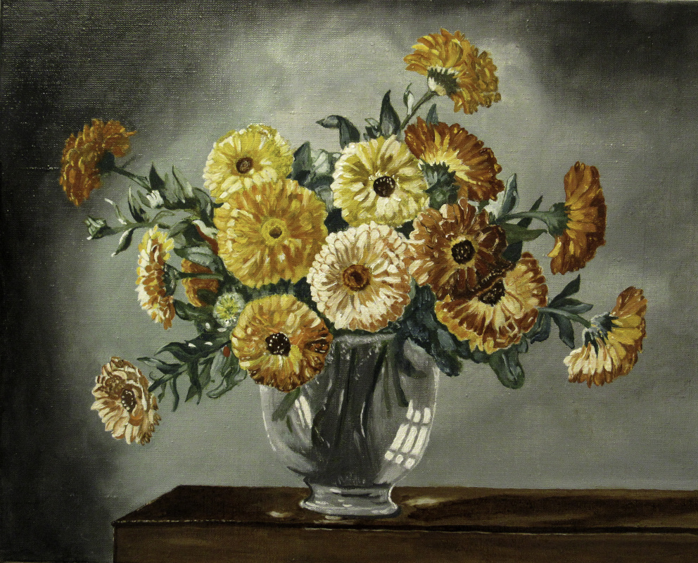 Artashes Badalyan. Kennedy. Marigolds in a glass vase (multi-layer copy) - xm - 40x50