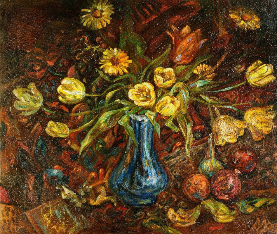 Agnes Carrot. Tulips in a blue vase