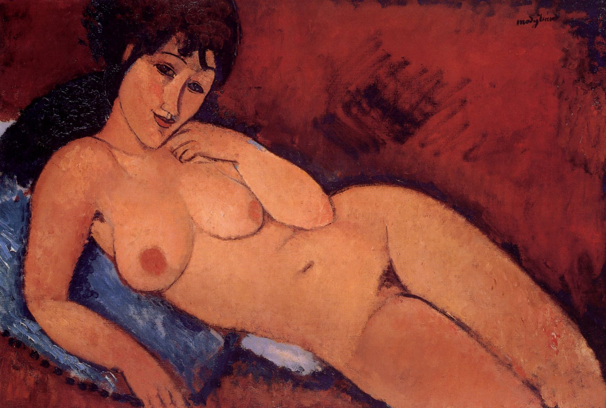 Amedeo Modigliani. Nude on a blue cushion