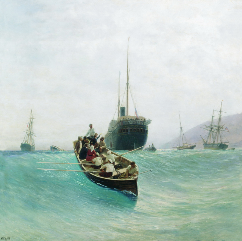 Lev Feliksovich Lagorio. Unloading a passenger vessel. Boat in the sea