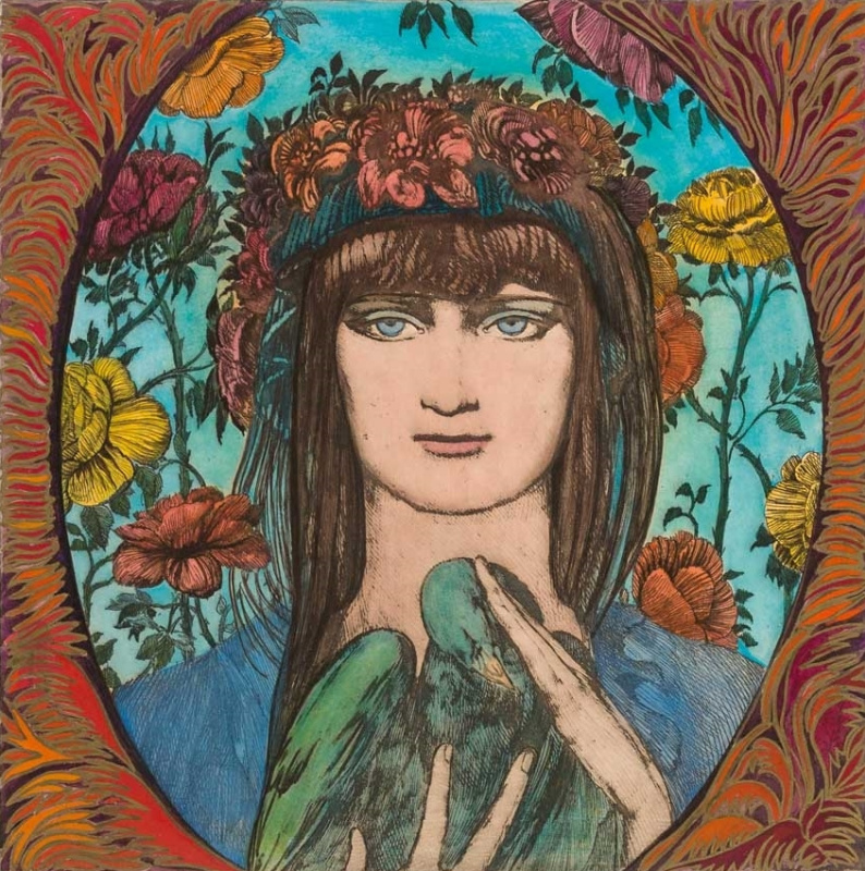 Ernst Fuchs. Portrait of girl with bird