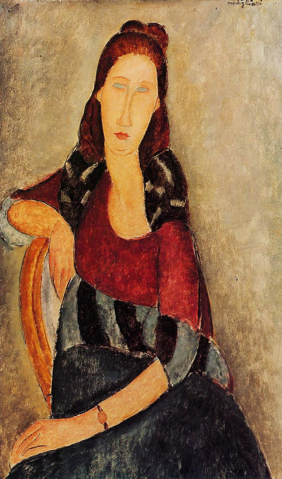 Amedeo Modigliani. Seated portrait of Jeanne hébuterne, resting on the back of the chair
