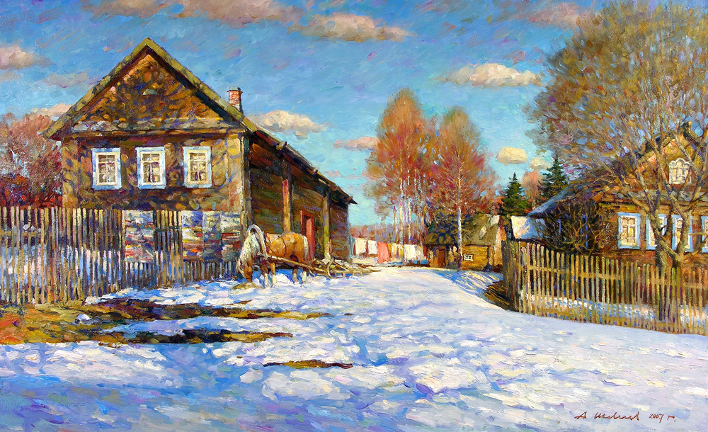 Alexander Shevelyov. Spring is in the heater.Oil on canvas 55,5 # 90,5 cm 2008