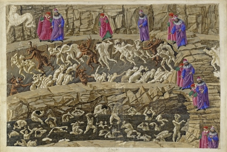 Sandro Botticelli. Bestrafung von Heuchlern und Schmeichlern. Hölle XVIII. Illustration für die Göttliche Komödie